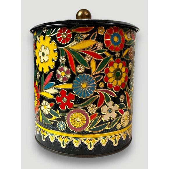 Vintage English Tin Container W/ Lid & Floral Design England Gold Interior - Picture 8 of 13